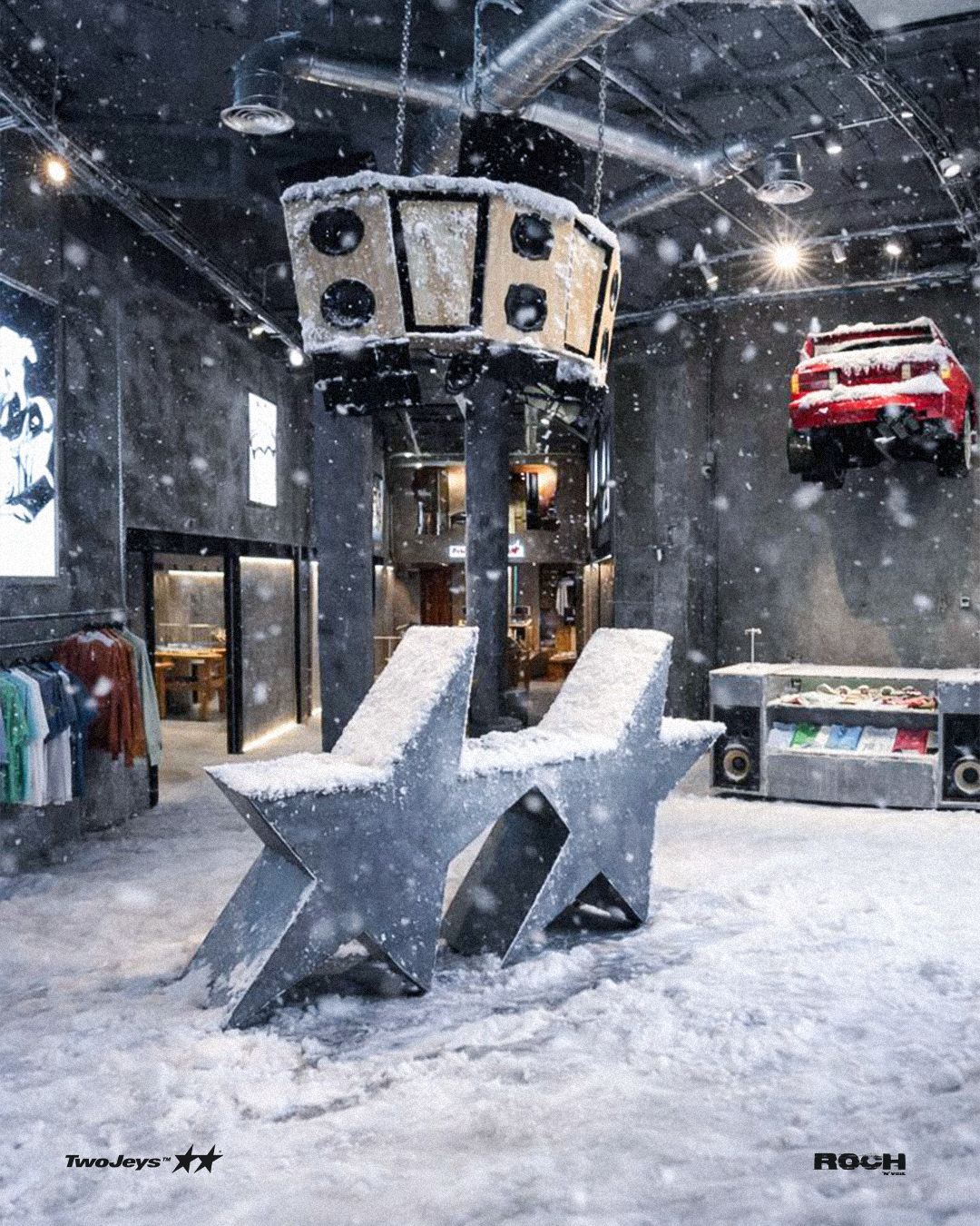 Escultura de estrellas con altavoces en el interior de la tienda