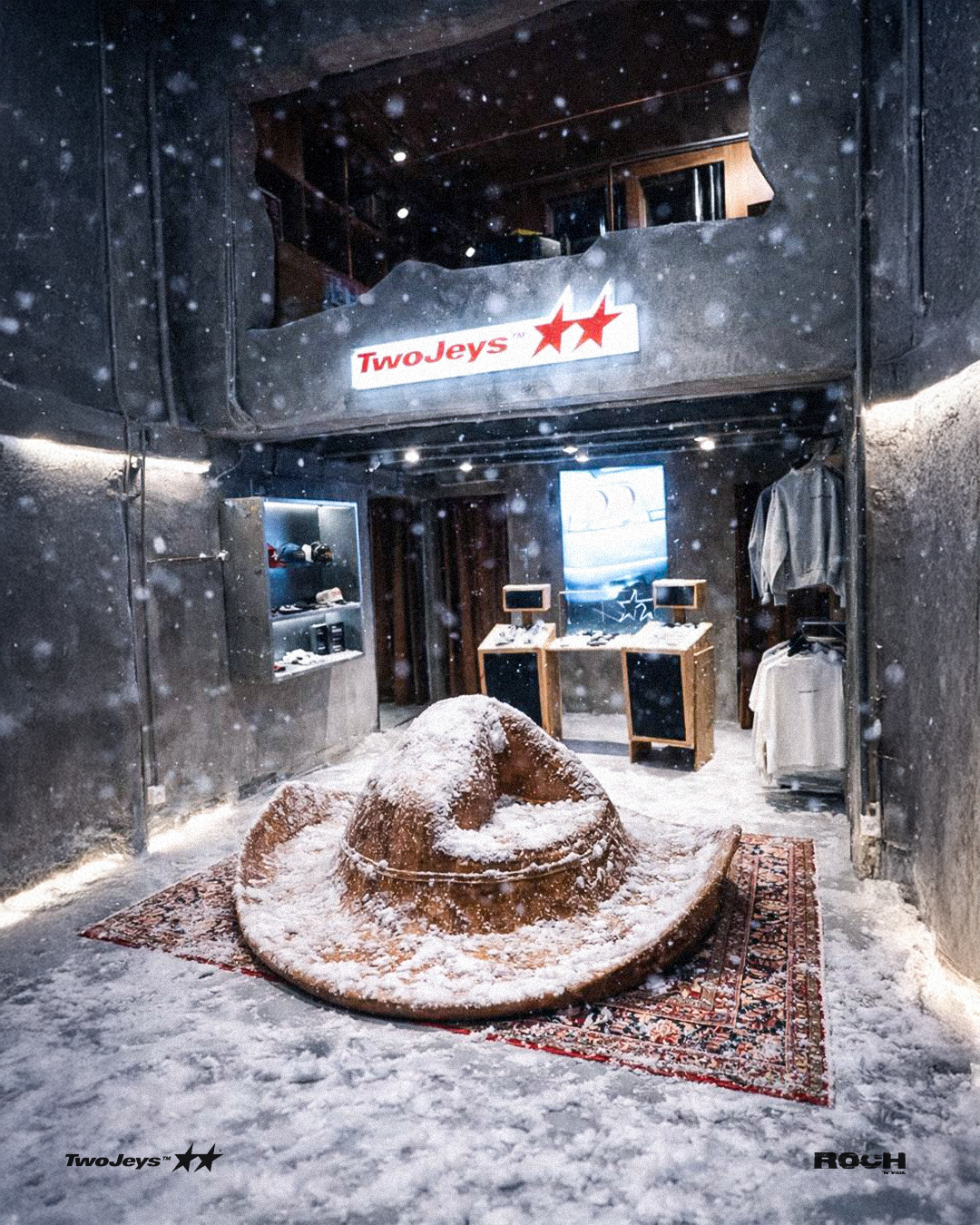 Entrada de la tienda con sombrero nevado