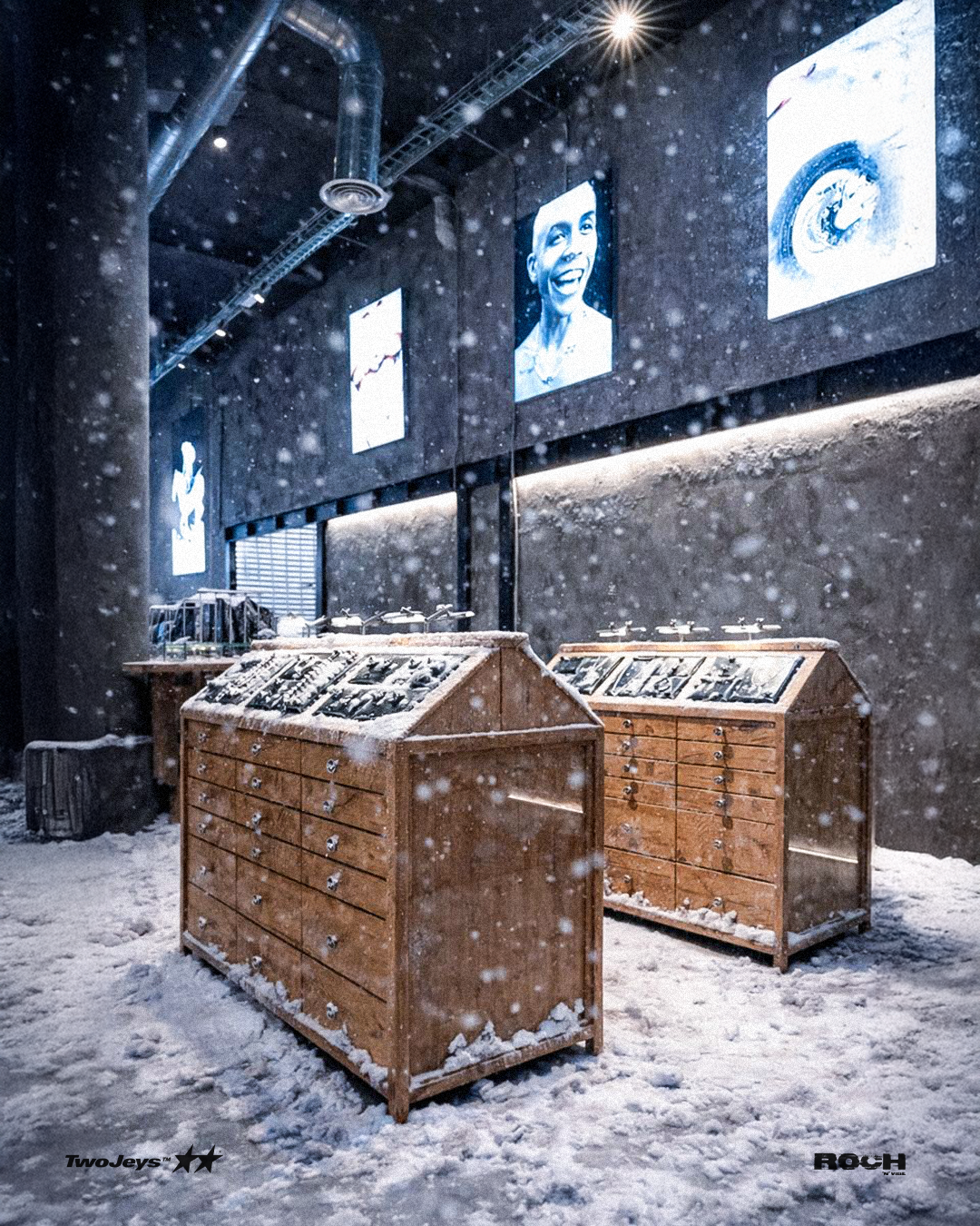 Expositores de madera con joyería bajo la nieve